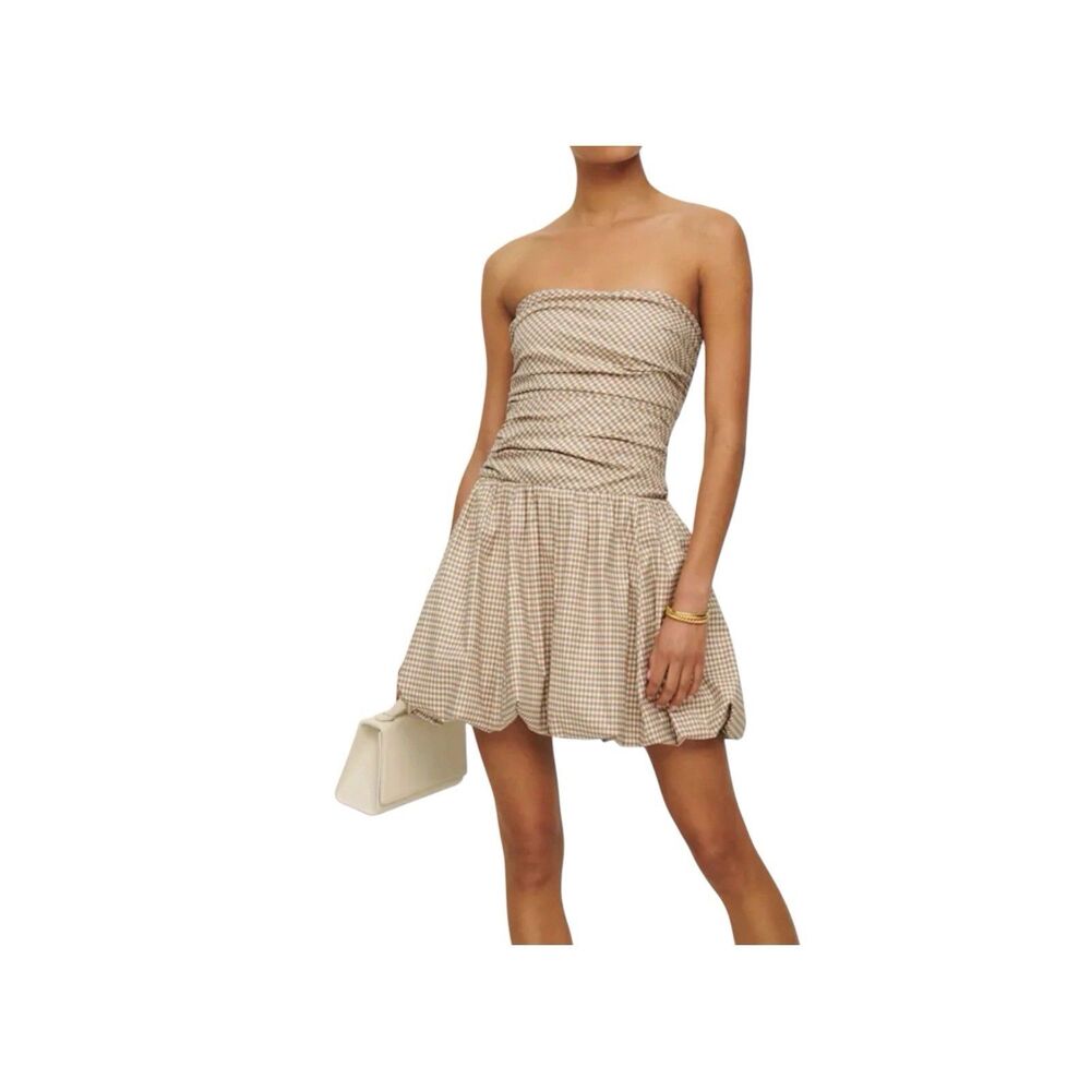 Reformation Clea Dress Women Size 6 Anzo Check Smocked Fitted Bodice Strapless